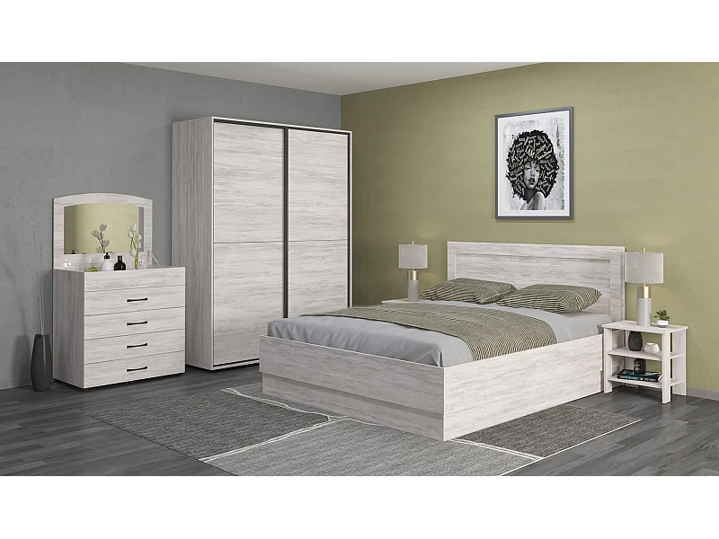 Camera da letto completa 160x200 con comò e specchio effetto legno bianco CMG44
