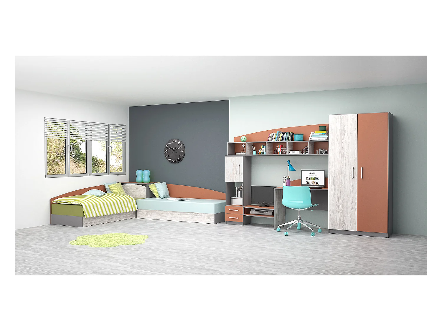 Cameretta completa moderna con 2 letti contenitore 82x190 cm bianco legno/arancio/grigio CBG2