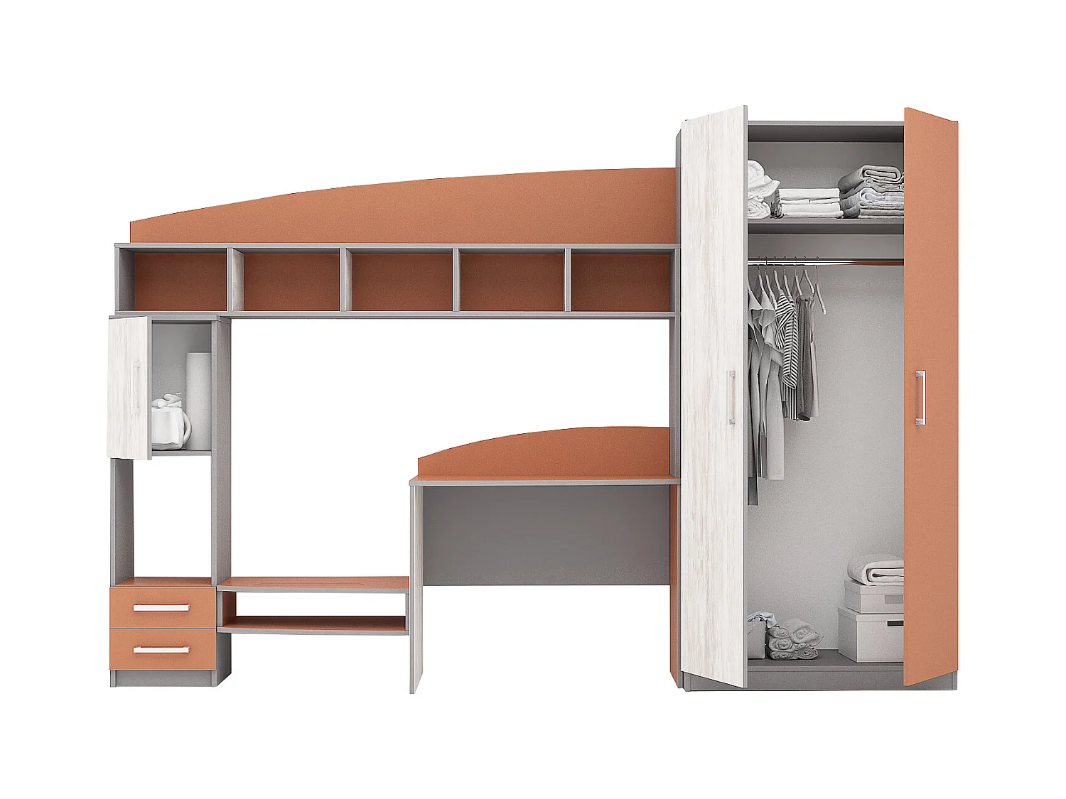 Cameretta completa moderna con 2 letti contenitore 82x190 cm bianco legno/arancio/grigio CBG2