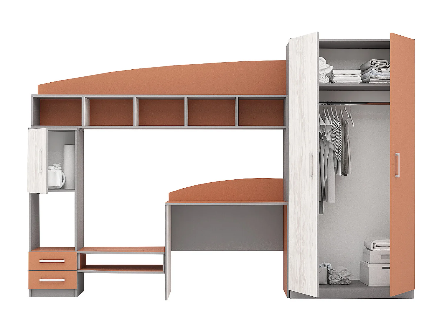 Cameretta completa moderna con 2 letti contenitore 82x190 cm bianco legno/arancio/grigio CBG2