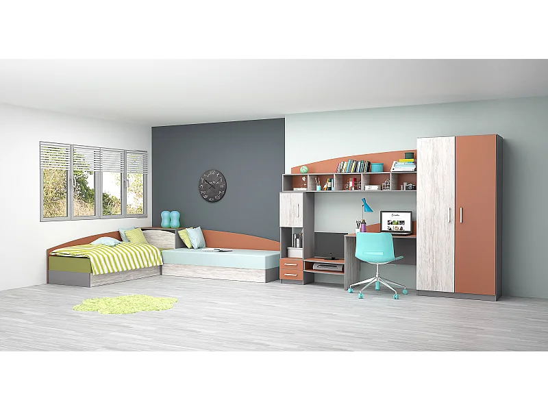 Cameretta completa moderna con 2 letti contenitore 82x190 cm bianco legno/arancio/grigio CBG2