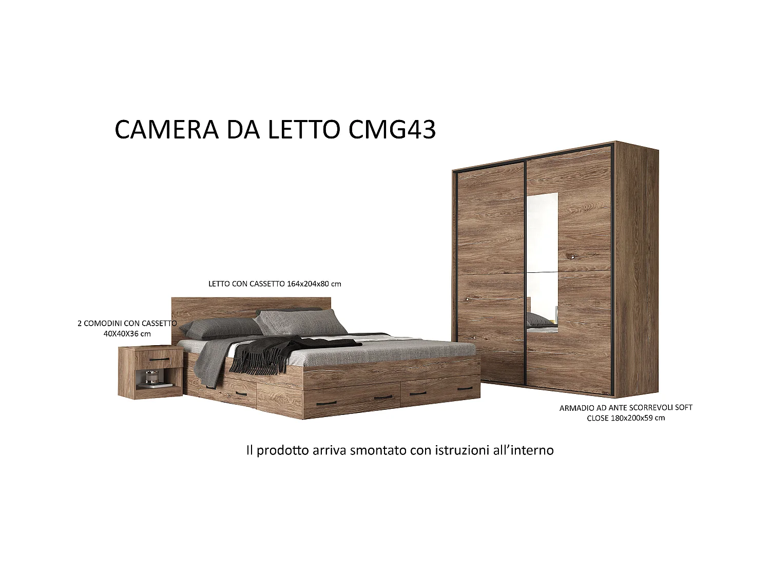 Camera da letto matrimoniale completa con letto 160x200 cm marrone CMG43