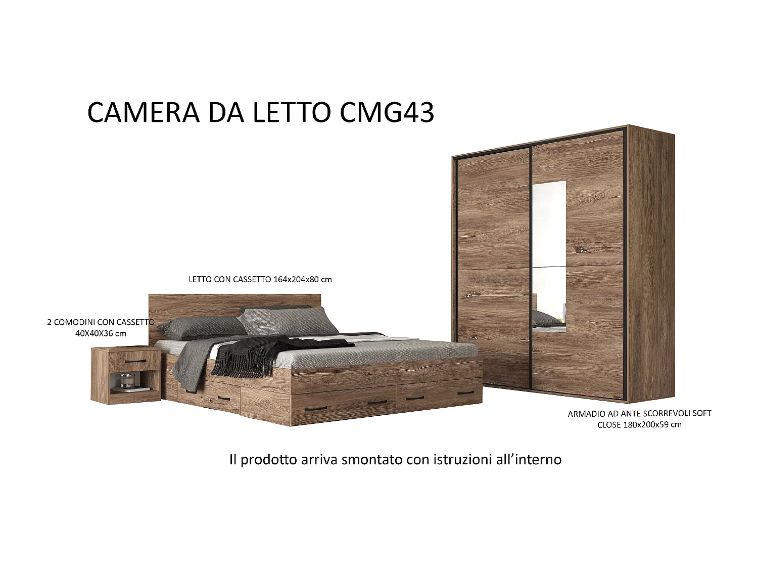 Camera da letto matrimoniale completa con letto 160x200 cm marrone CMG43