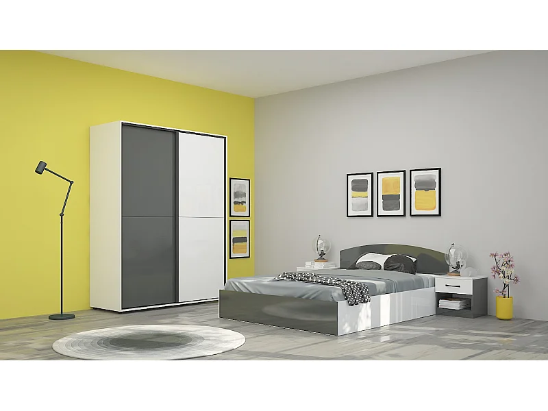 Camera da letto matrimoniale 160x200 completa design effetto laccato bianco lucido e antracite CMG42
