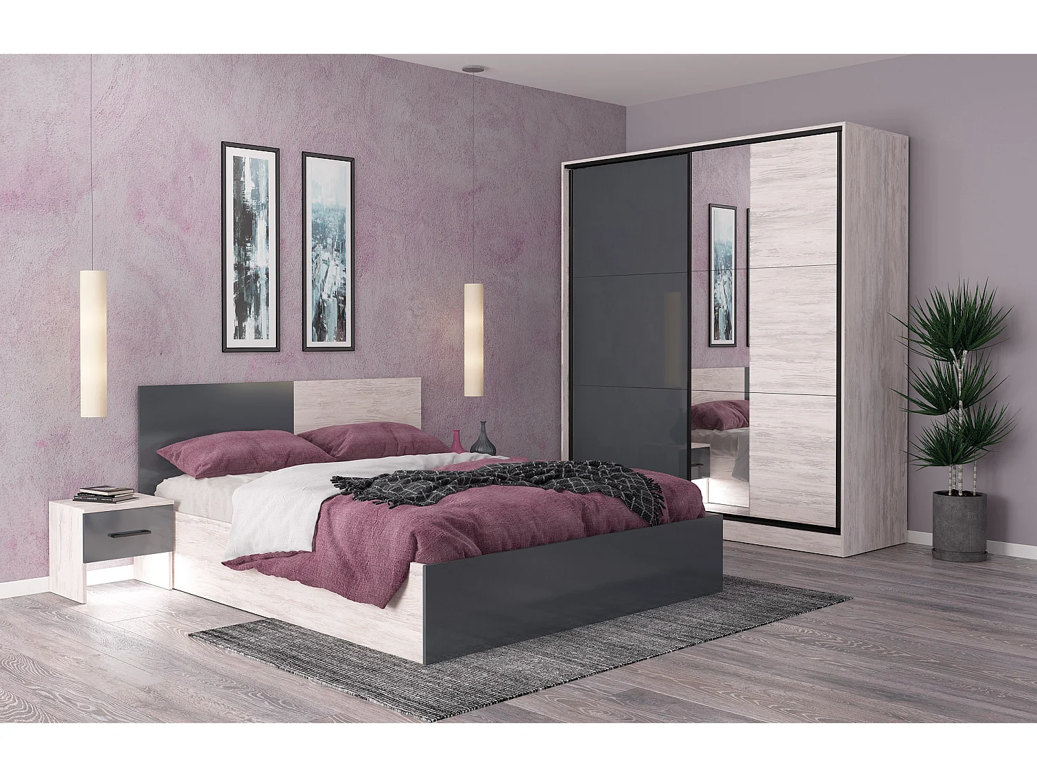 Camera matrimoniale completa 160x200 cm in rovere bianco e grigio lucido CMG31