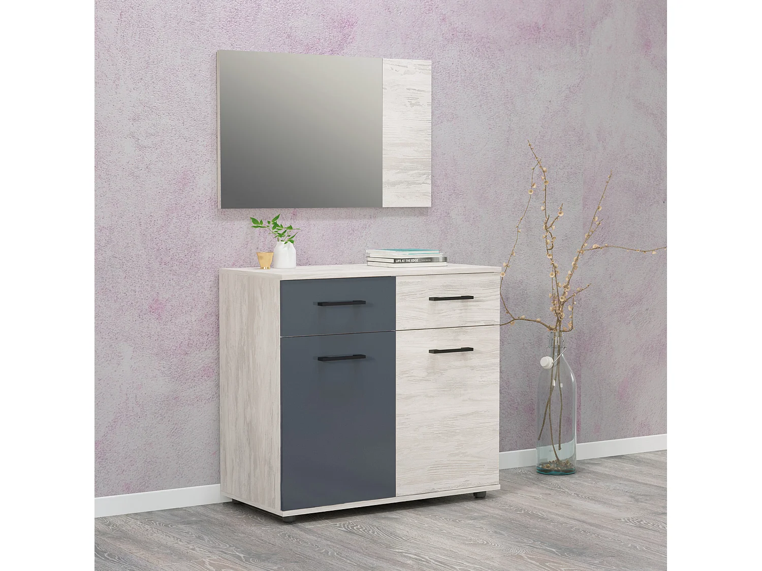 Camera matrimoniale completa 160x200 cm in rovere bianco e grigio lucido CMG31