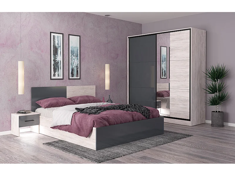 Camera matrimoniale completa 160x200 cm in rovere bianco e grigio lucido CMG31