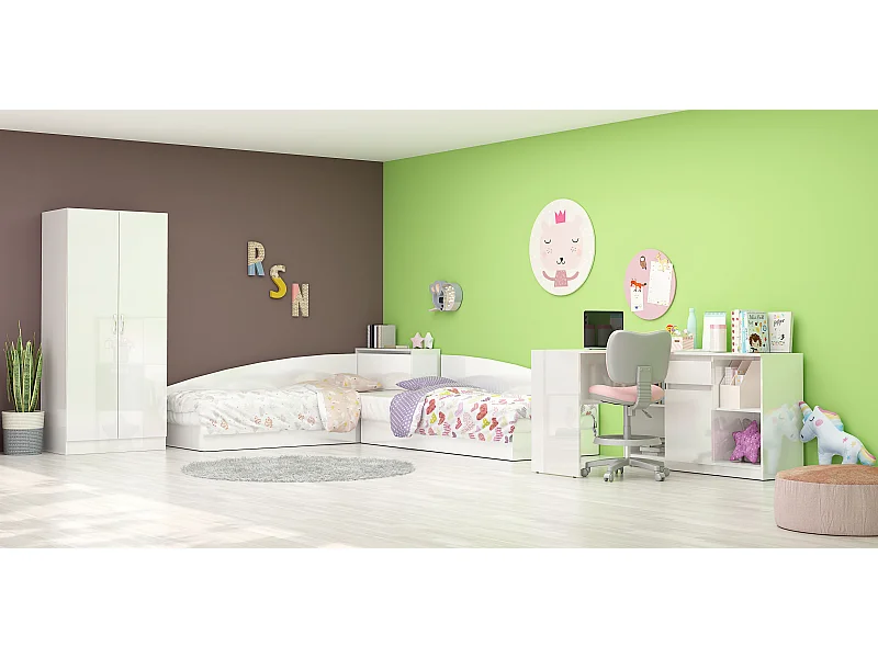 Cameretta completa 82x190 con due letti singoli ad angolo e scrivania grande bianco lucido CBG6