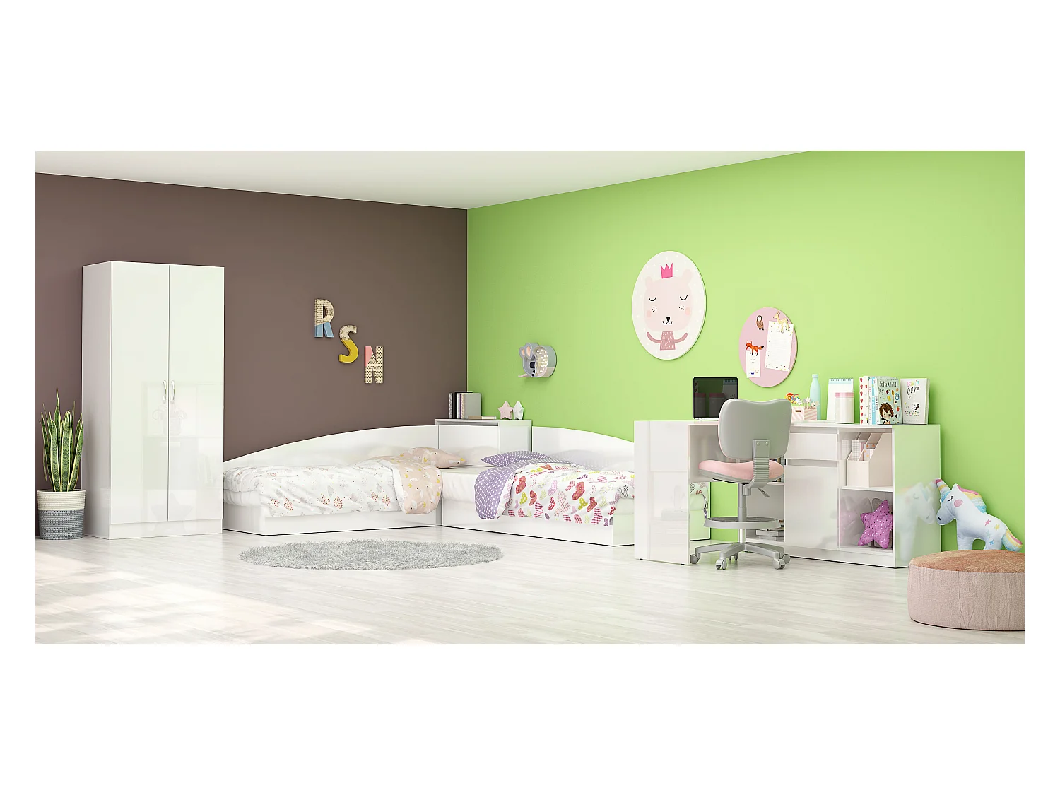 Cameretta completa 82x190 con due letti singoli ad angolo e scrivania grande bianco lucido CBG6