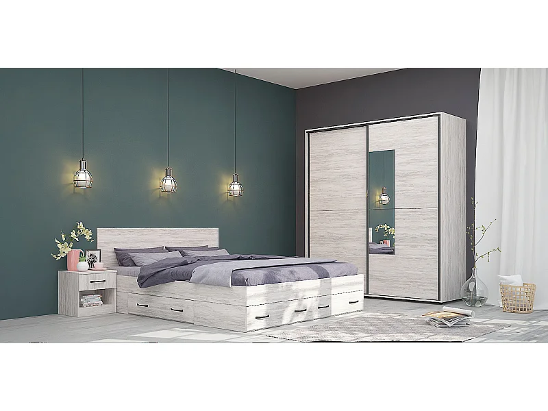 Camera da letto matrimoniale 160x200 completa effetto legno bianco CMG43