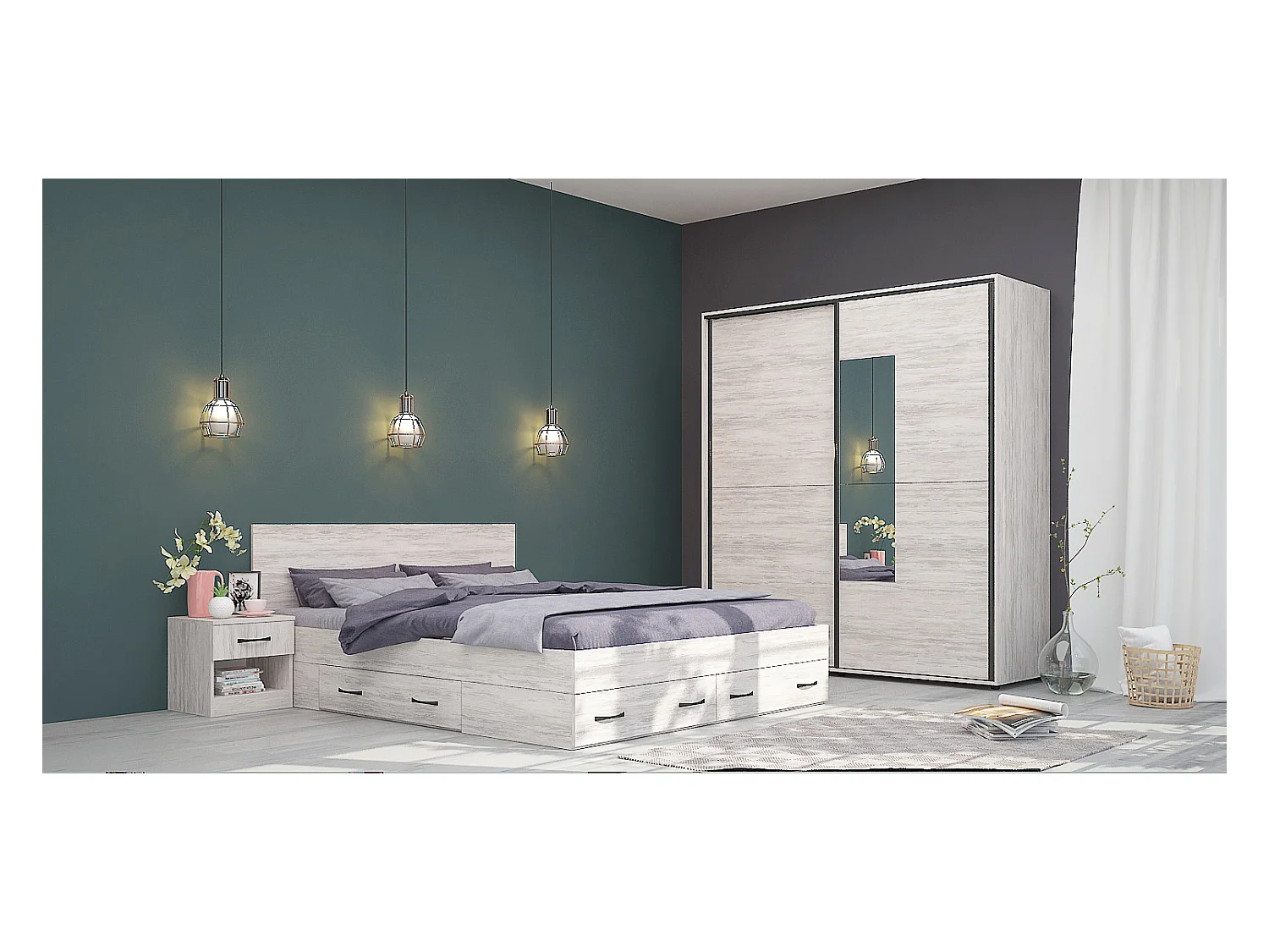 Camera da letto matrimoniale 160x200 completa effetto legno bianco CMG43