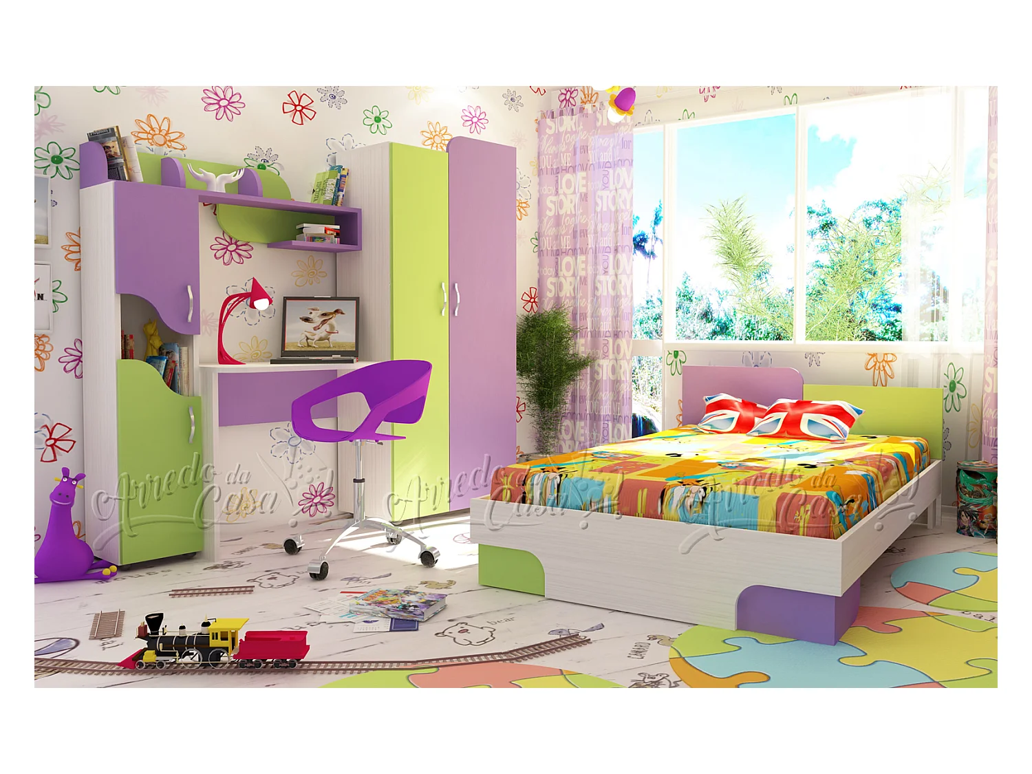 Cameretta singola completa viola e verde CCU8