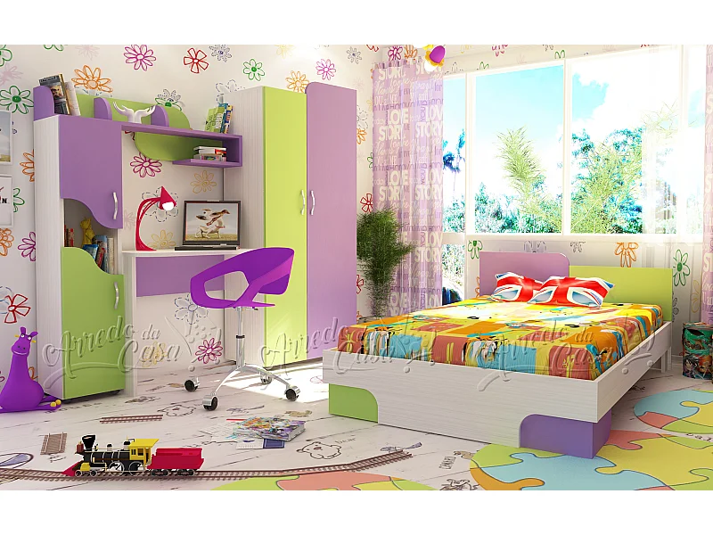 Cameretta singola completa viola e verde CCU8