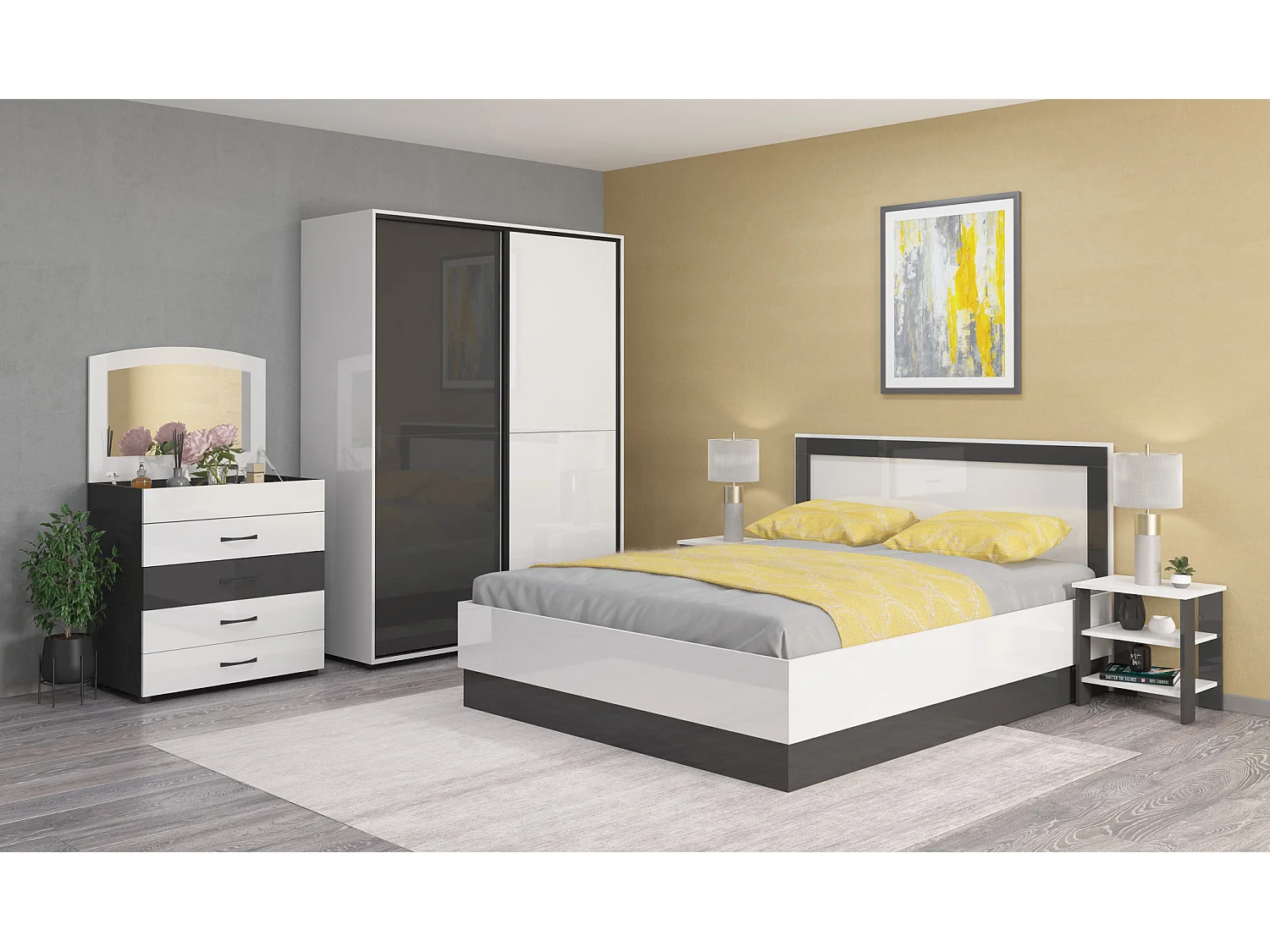 Camera da letto completa 160x200 con comò e specchio effetto laccato bianco lucido e antracite CMG44