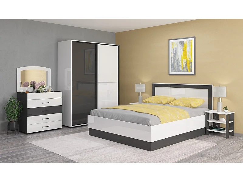 Camera da letto completa 160x200 con comò e specchio effetto laccato bianco lucido e antracite CMG44