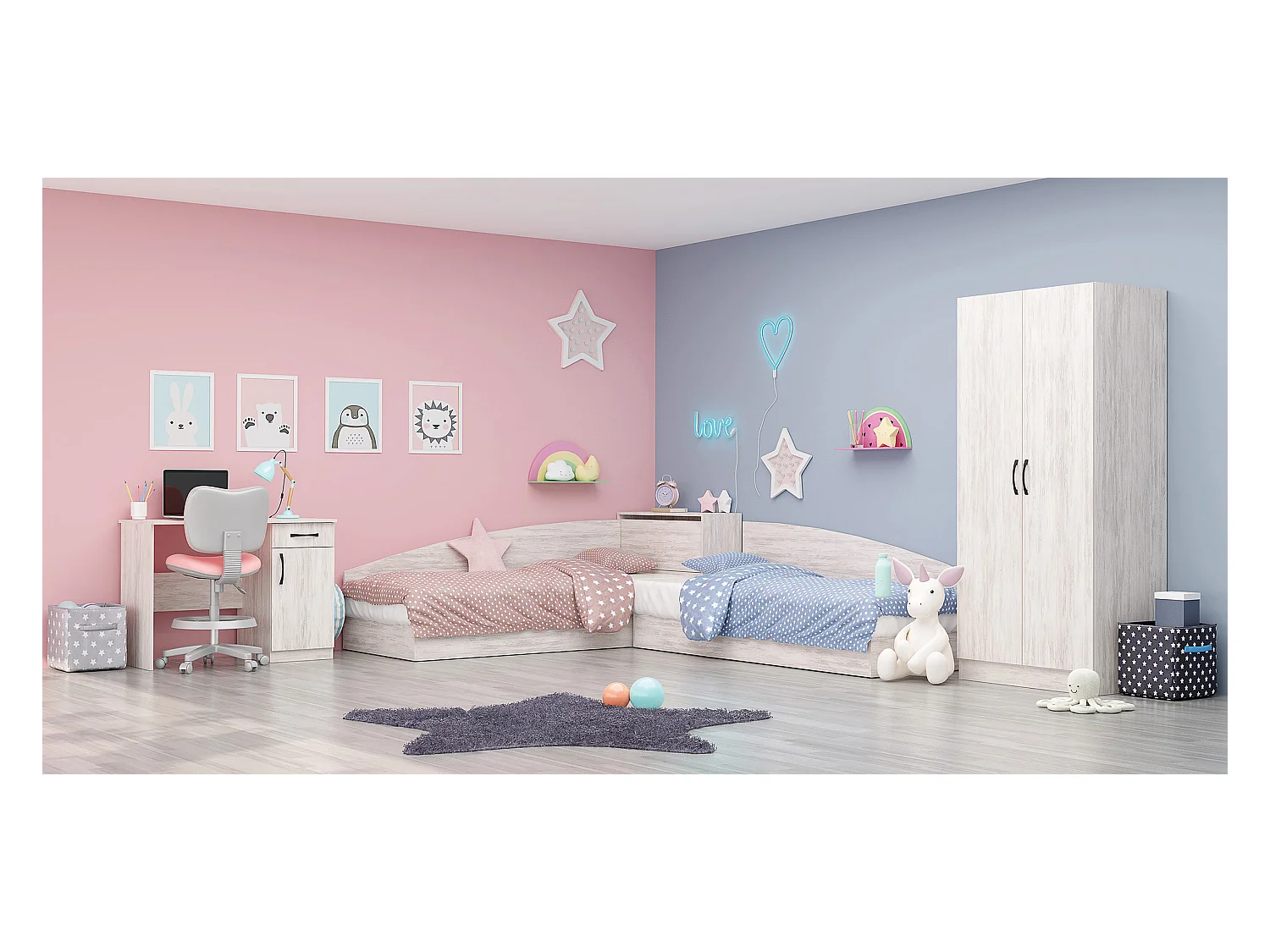 Cameretta completa 82x190 con due letti singoli ad angolo e scrivania bianco legno CBG7