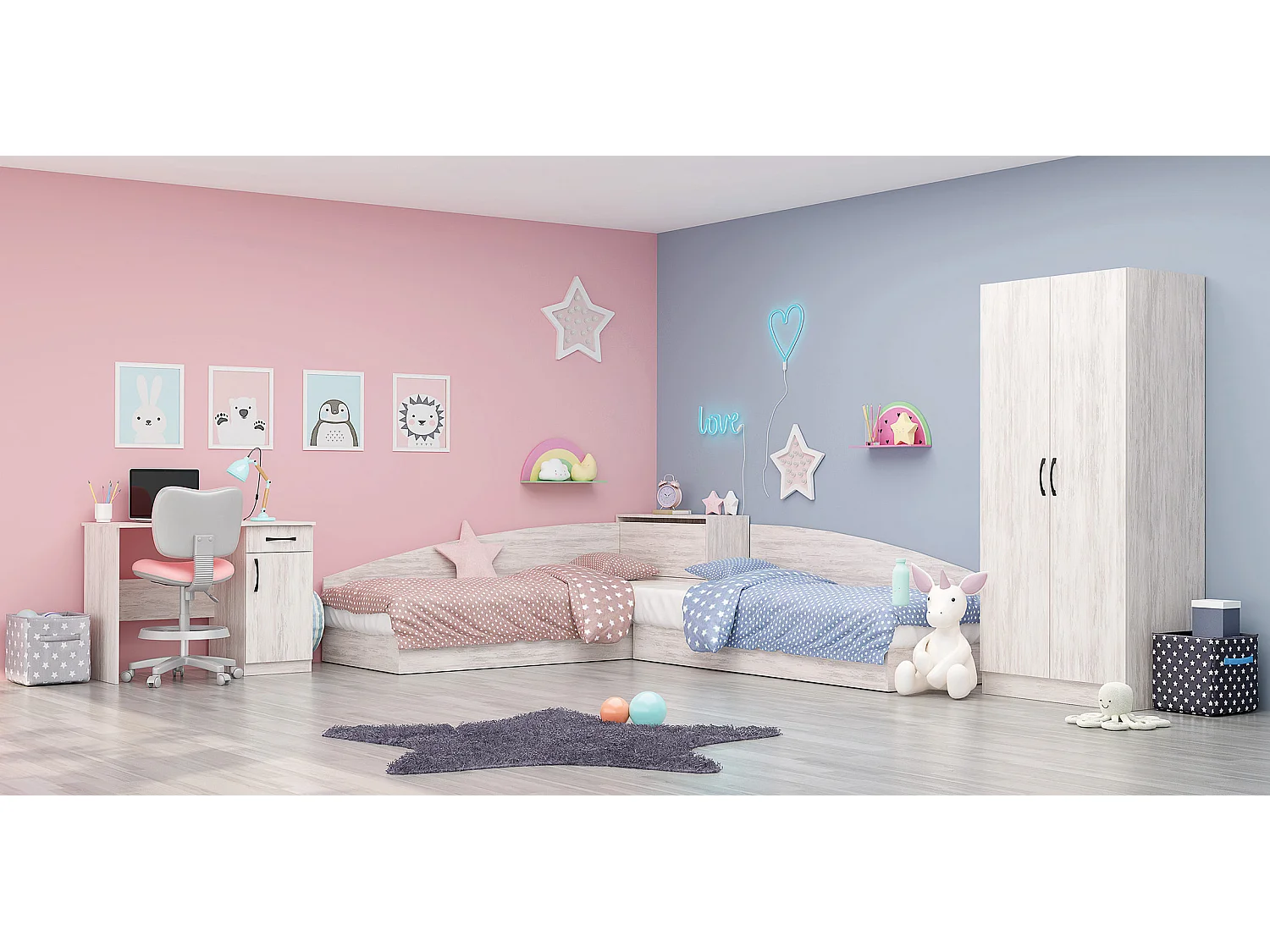 Cameretta completa 82x190 con due letti singoli ad angolo e scrivania bianco legno CBG7