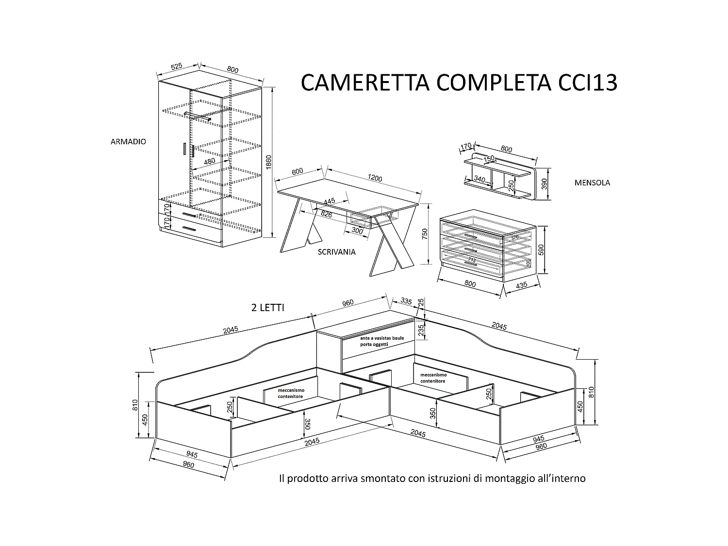 Cameretta completa con due letti CCI13
