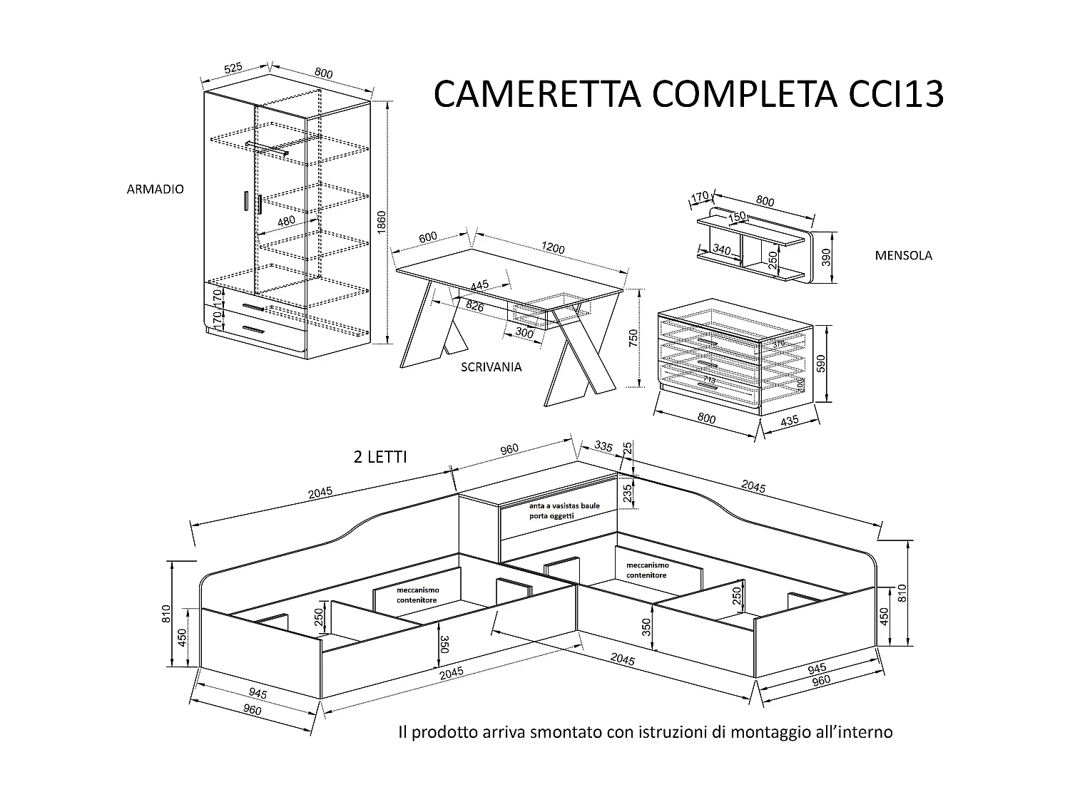 Cameretta completa con due letti CCI13