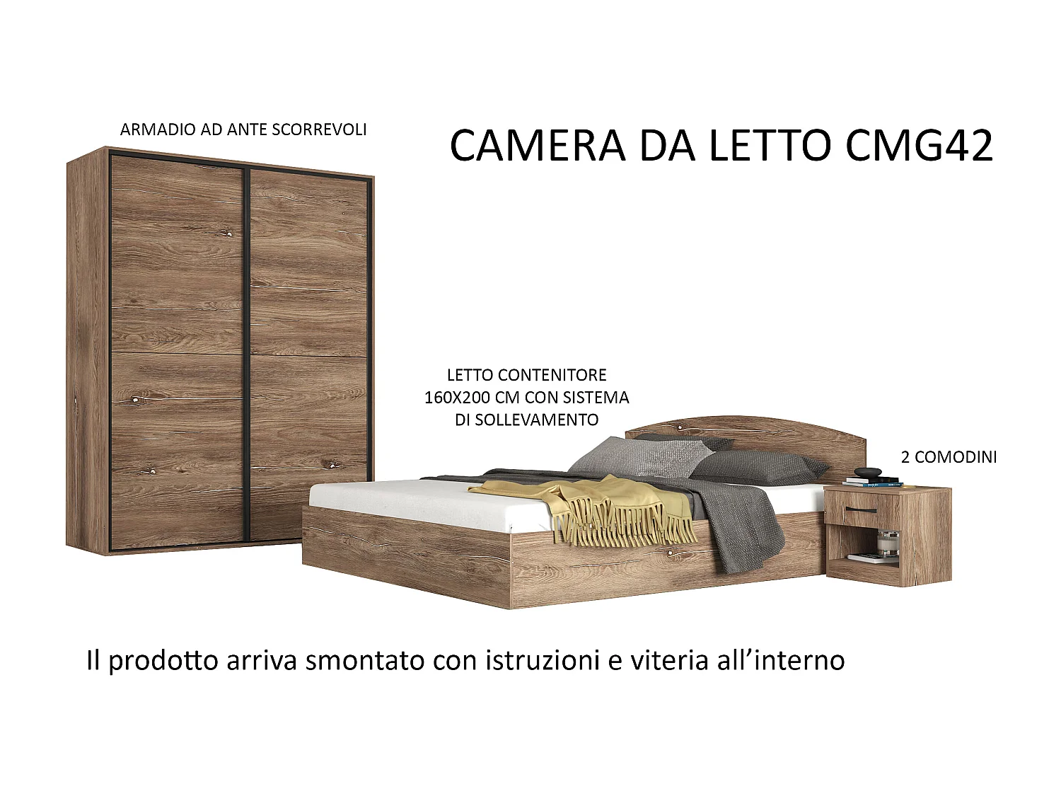 Camera da letto matrimoniale completa 160x200 cm marrone CMG42