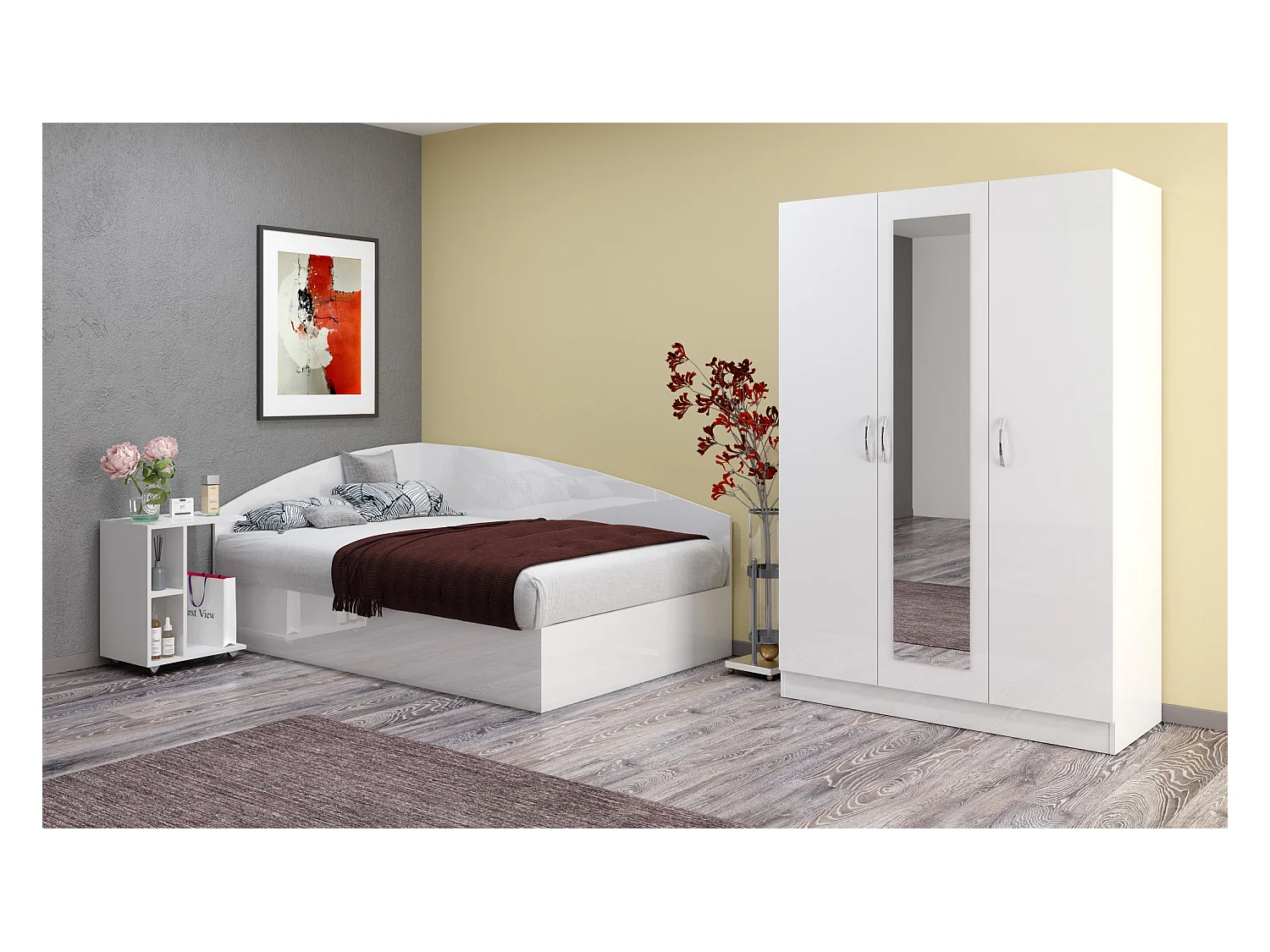 Cameretta 120x190 con letto a una piazza e mezza ad angolo e comodino moderno bianco lucido CBG9