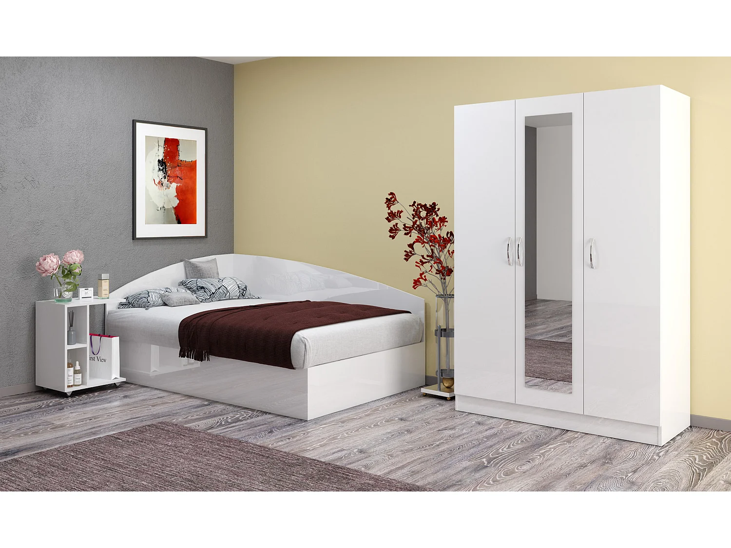 Cameretta 120x190 con letto a una piazza e mezza ad angolo e comodino moderno bianco lucido CBG9