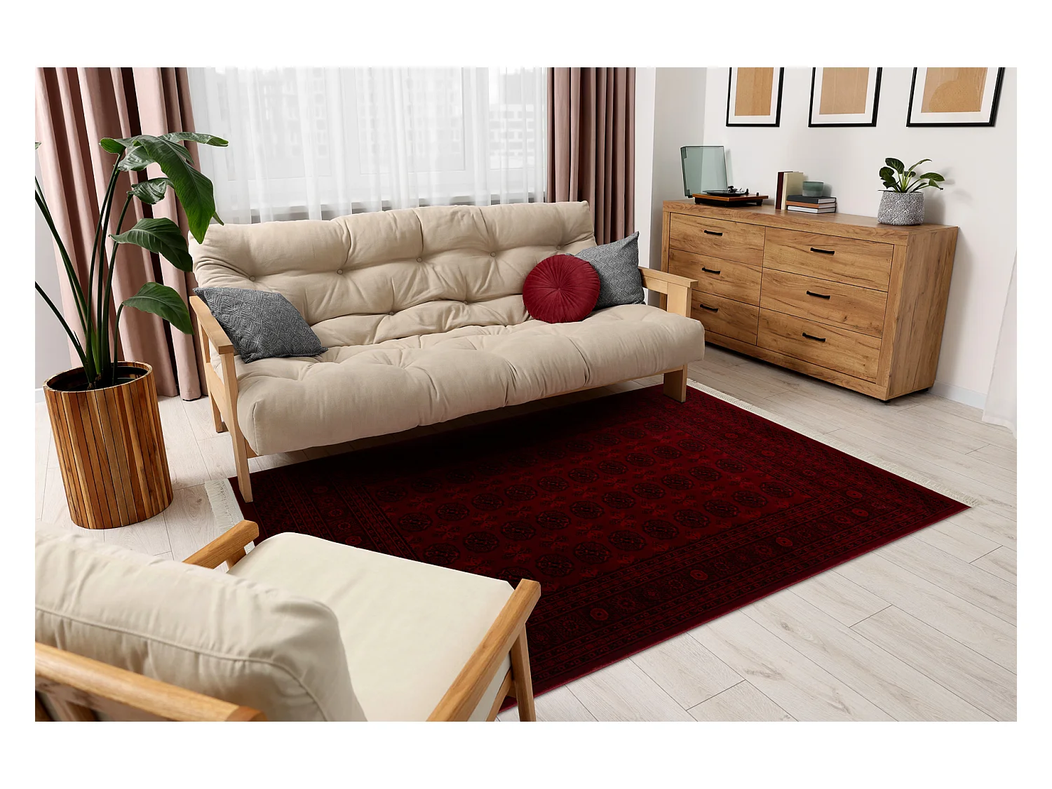 Tapis ORIENT 6889 bordeaux / noir Buchara, cadre, oriental, à franges 180x270 cm