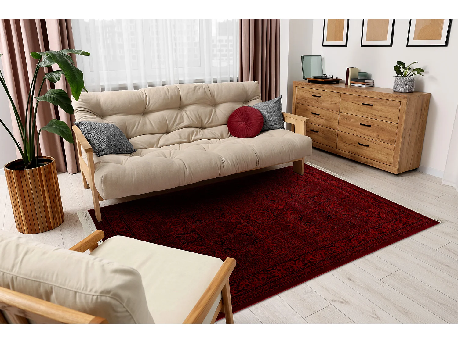 ORIENT 5365 Teppich burgund / schwarz Rahmen, orientalisch, mit Franse 150x230 cm