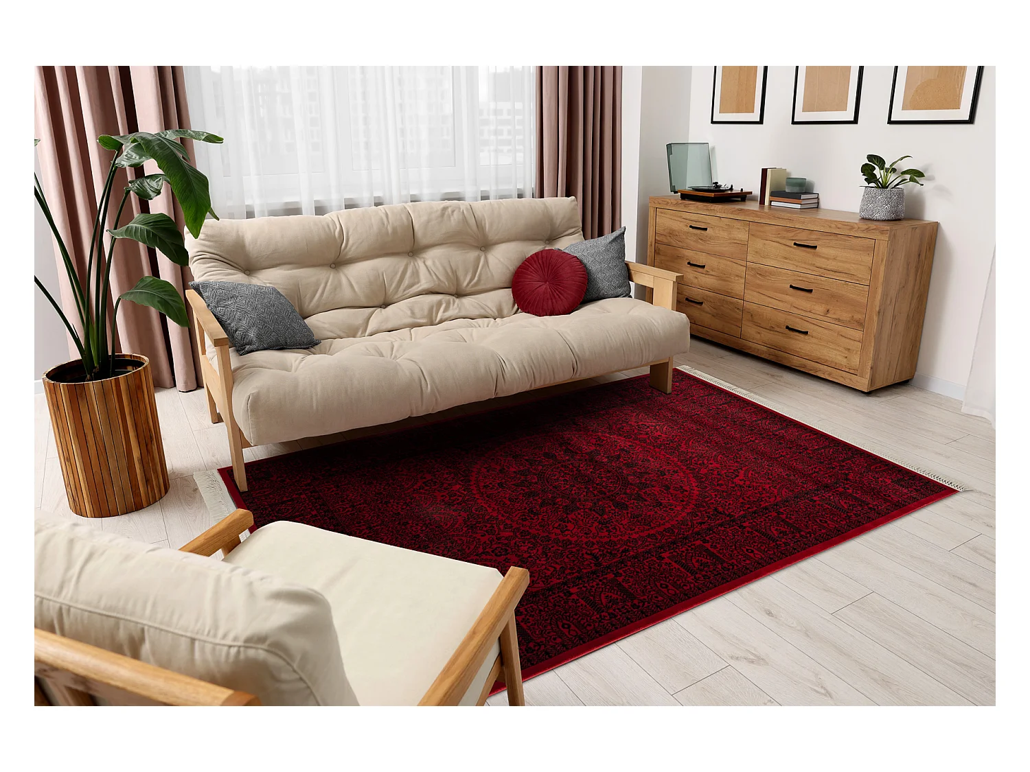 Tapis ORIENT 6039 bordeaux / noir Cadre, rougette oriental, à franges 150x230 cm