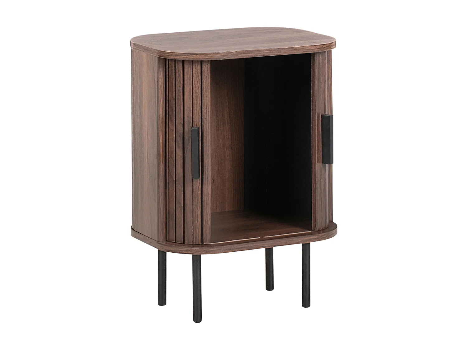 Nachttisch Holzoptik dunkelbraun mit 2 Schiebetüren Metallbeine Retro Bradley