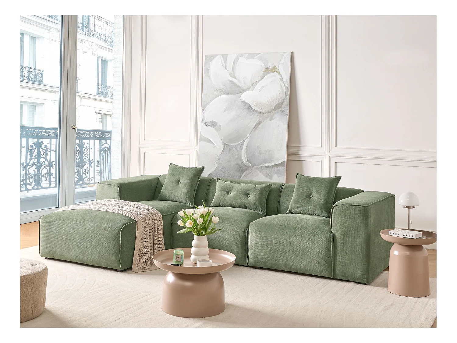 Divano angolare DOLVA Ciniglia Verde scuro 3 posti Lato destro