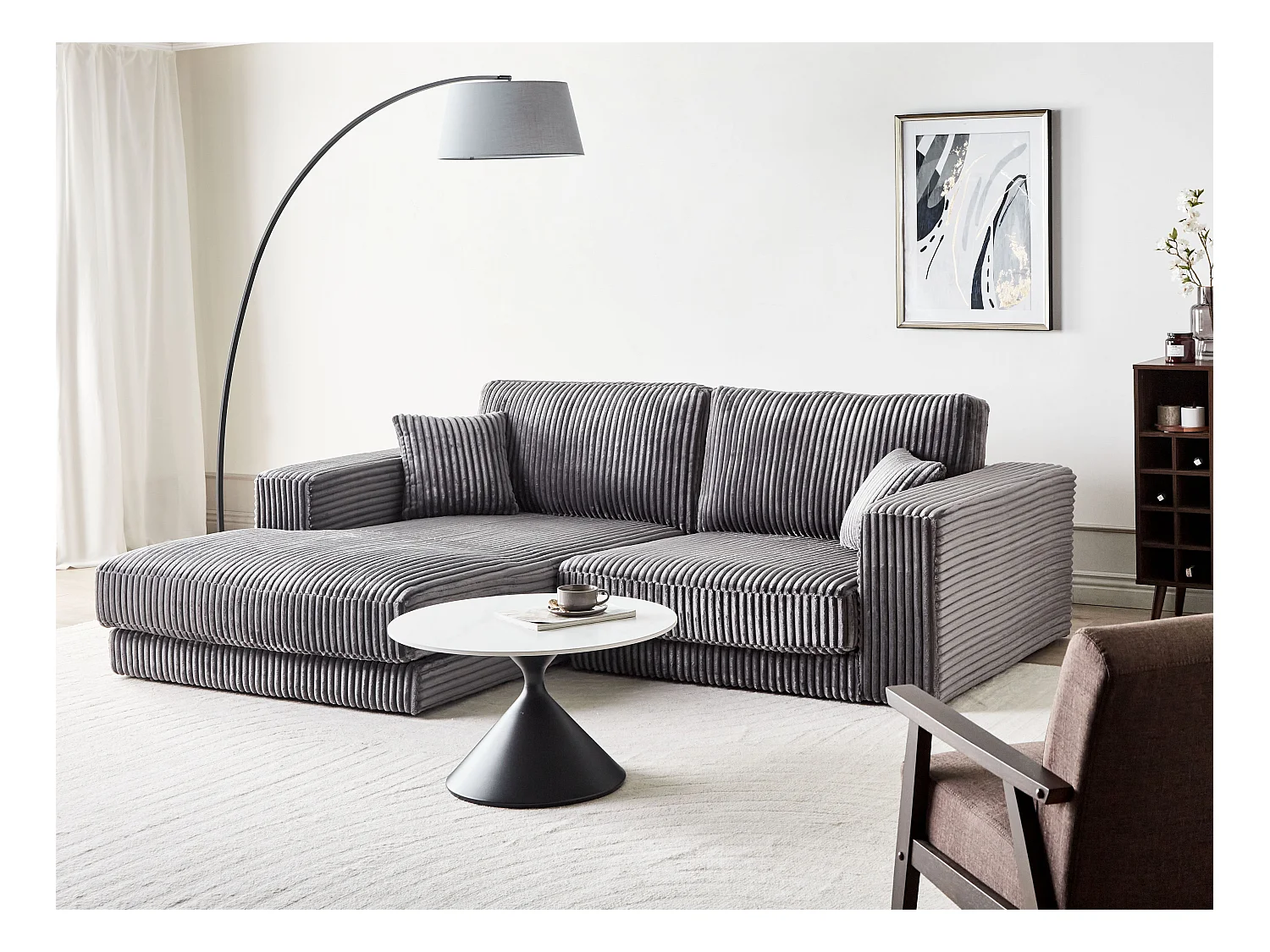 3-Sitzer Ecksofa Cord L-förmig grau mit Chaiselongue rechts 2 Dekokissen Lofoten