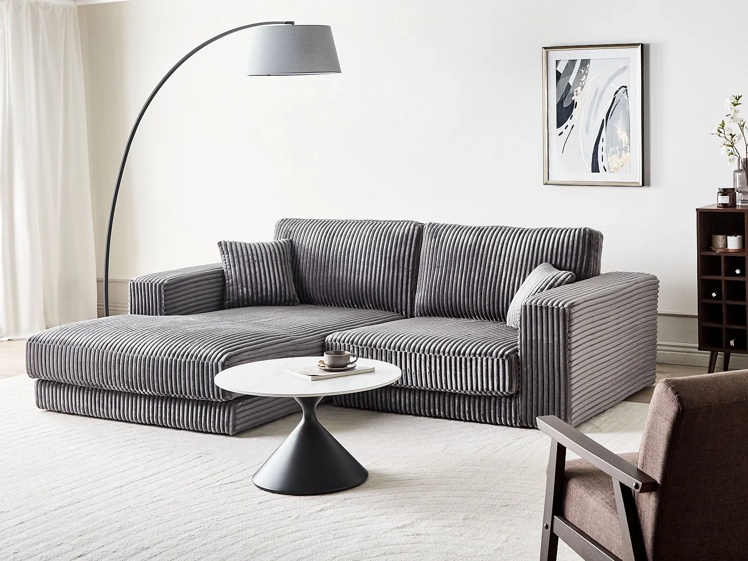 Canapé d'Angle à gauche Minimaliste en Velours Côtelé 3 Places avec Coussins Supplémentaires Gris Foncé Lofoten