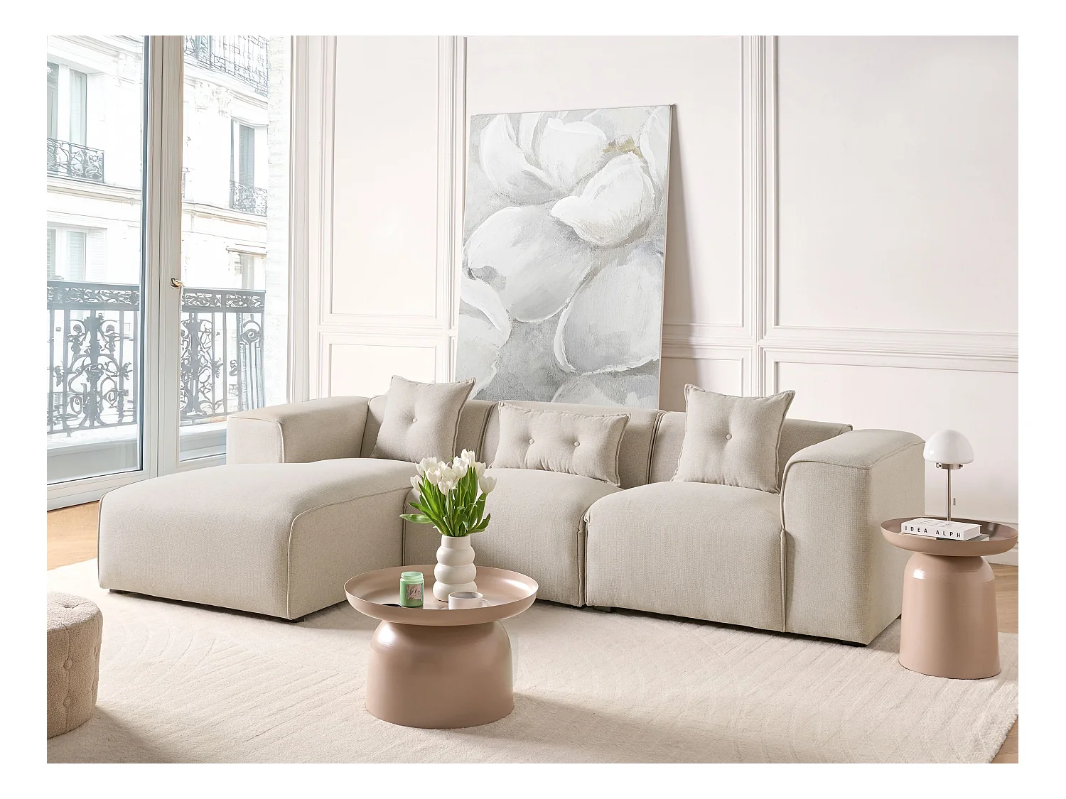 Canapé d'angle 3 places DOLVA Tissu Beige clair Côté droit