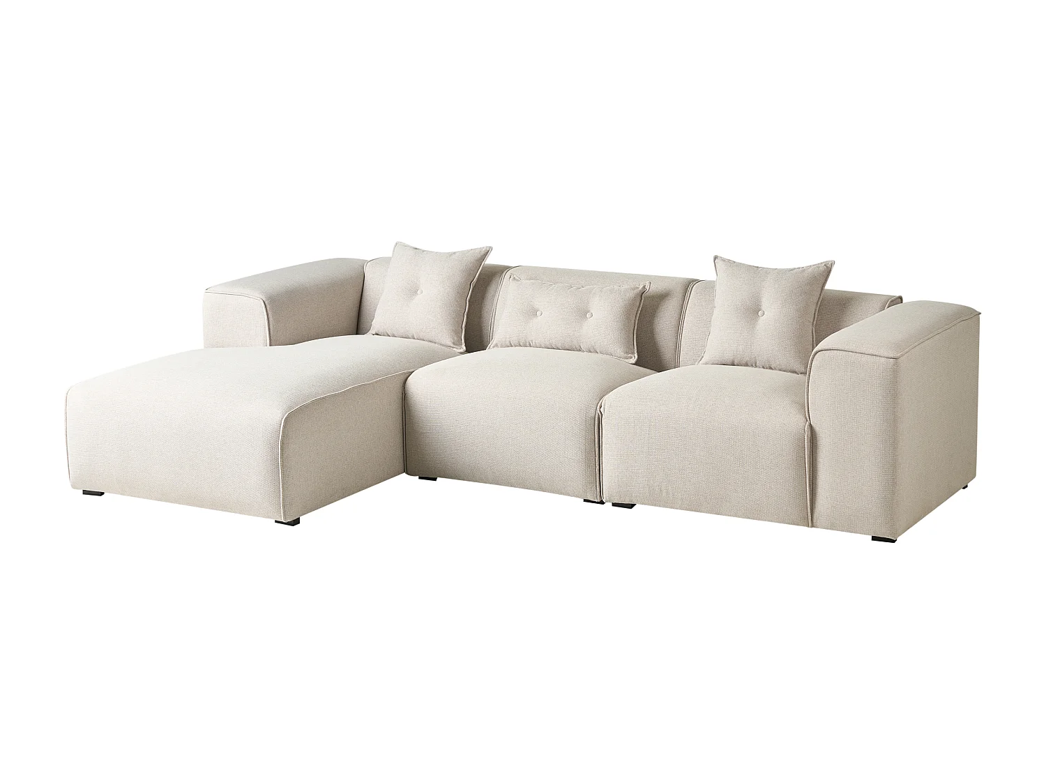 Modernes Ecksofa in hellem Beige mit 3 Zierkissen Stoffbezug Eckcouch rechts Dolva