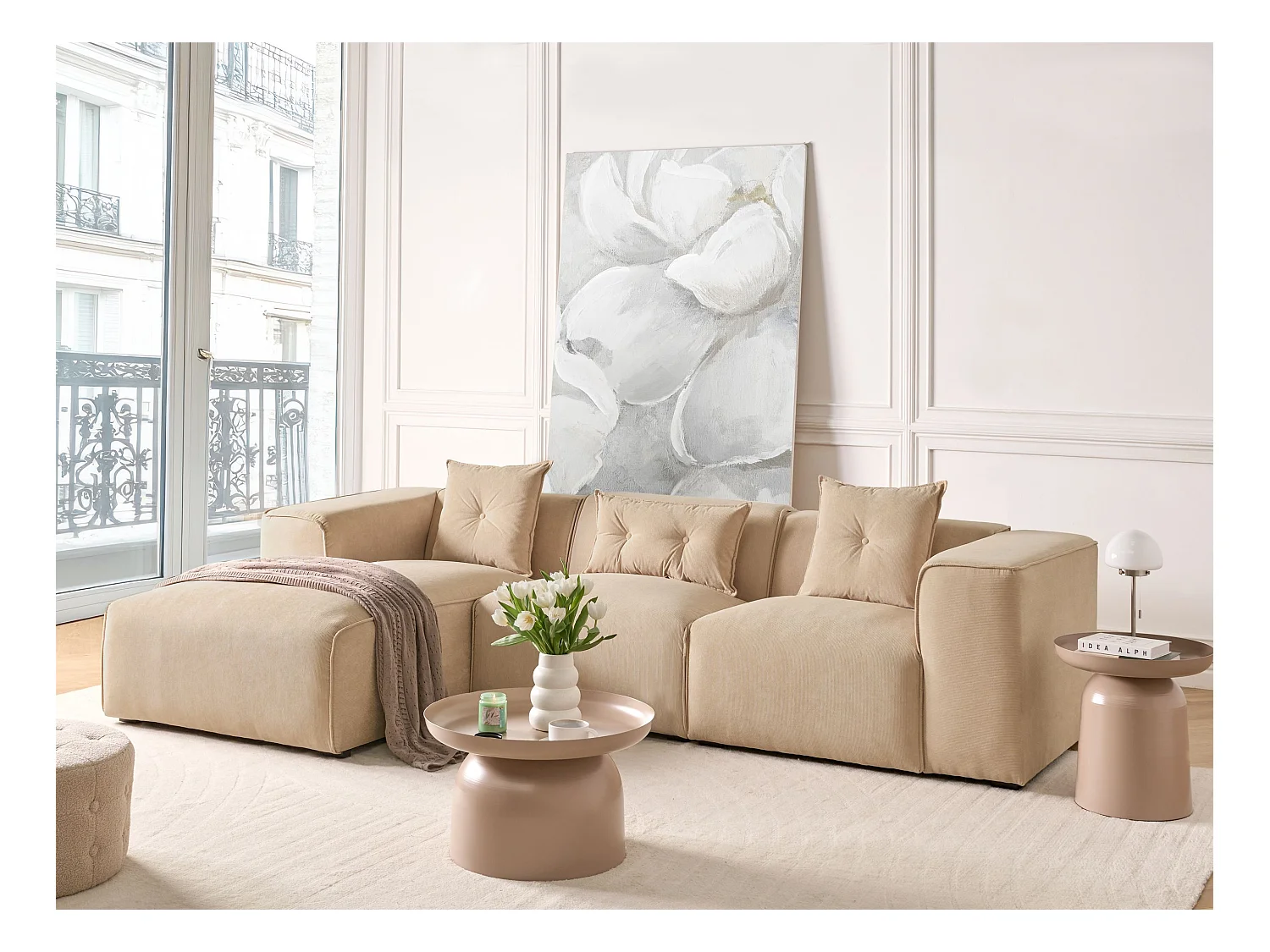 Narożnik DOLVA Sztruks Beżowy dla 3 osób Prawostronny