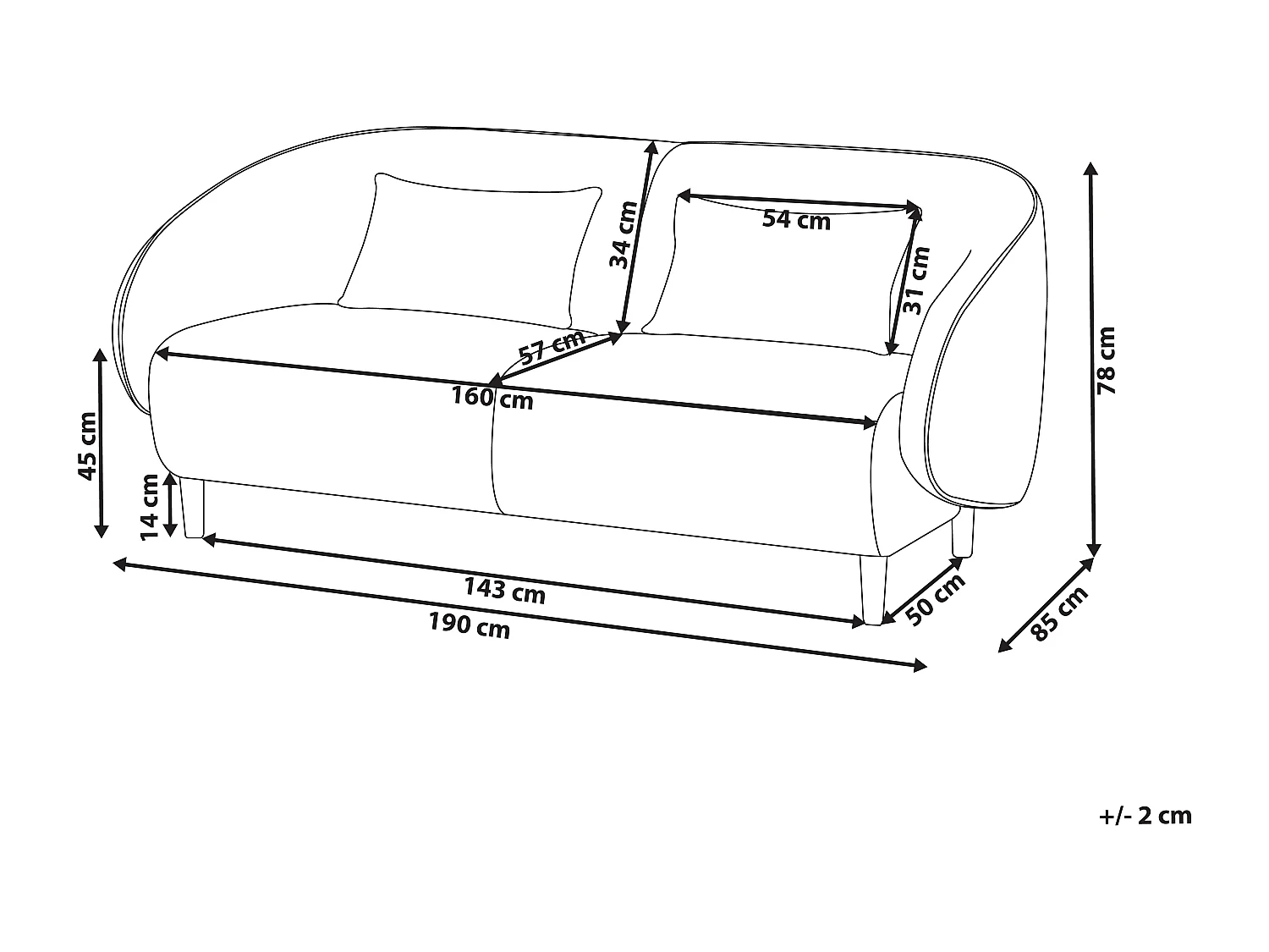 3-Sitzer Sofa hellbeige meliert mit abgerundeter Lehne 2 Kissen Holzbeine Umea