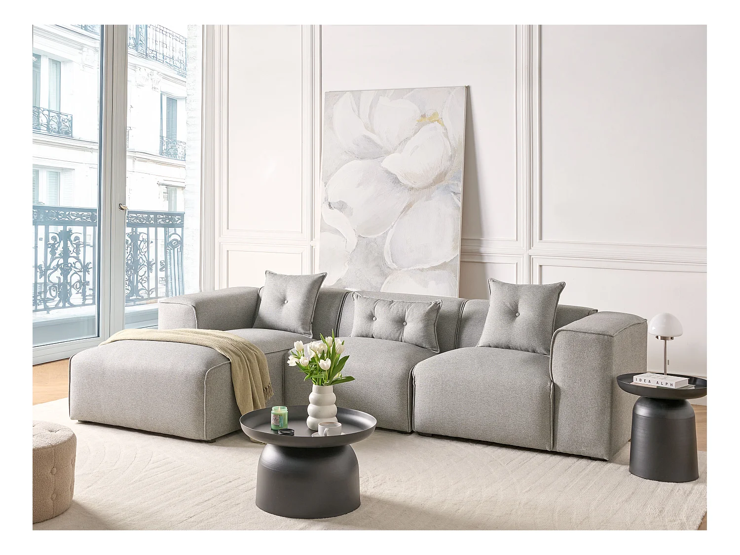 Hoekbank DOLVA Stof Lichtgrijs 3-zitter Rechterzijde