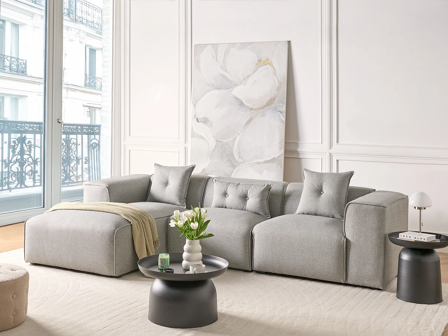 Canapé d'angle DOLVA Tissu Gris clair 3 places Côté droit