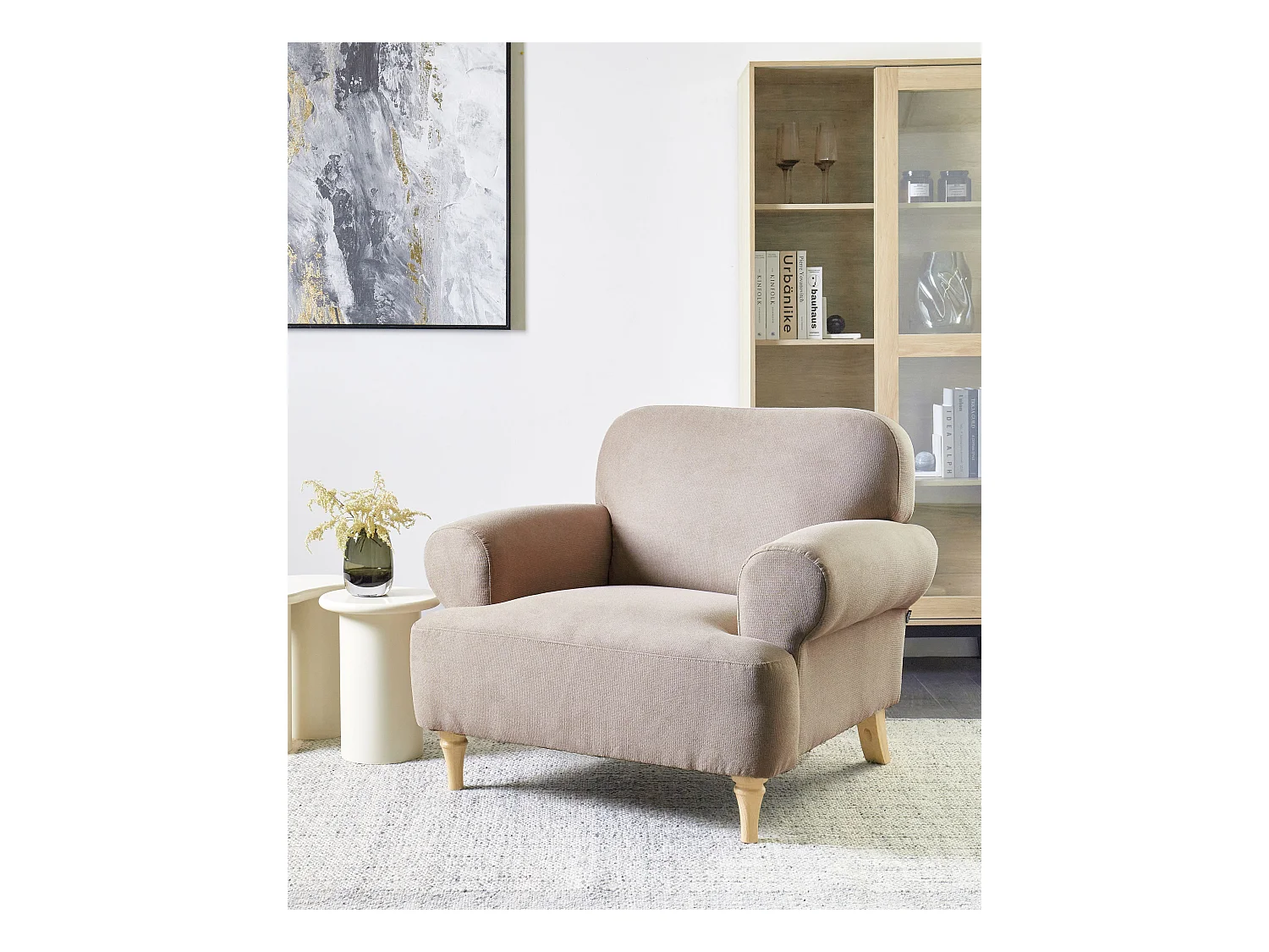 Sessel Stoff beige taupe mit Armlehnen helle Holzbeine gedrechselt Retro Kiberg