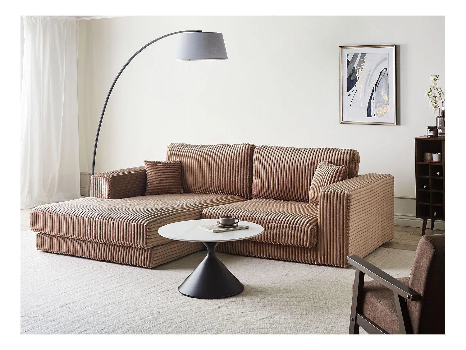 Canapé d'Angle à gauche Minimaliste en Velours Côtelé 3 Places avec Coussins Supplémentaires Marron Clair Lofoten