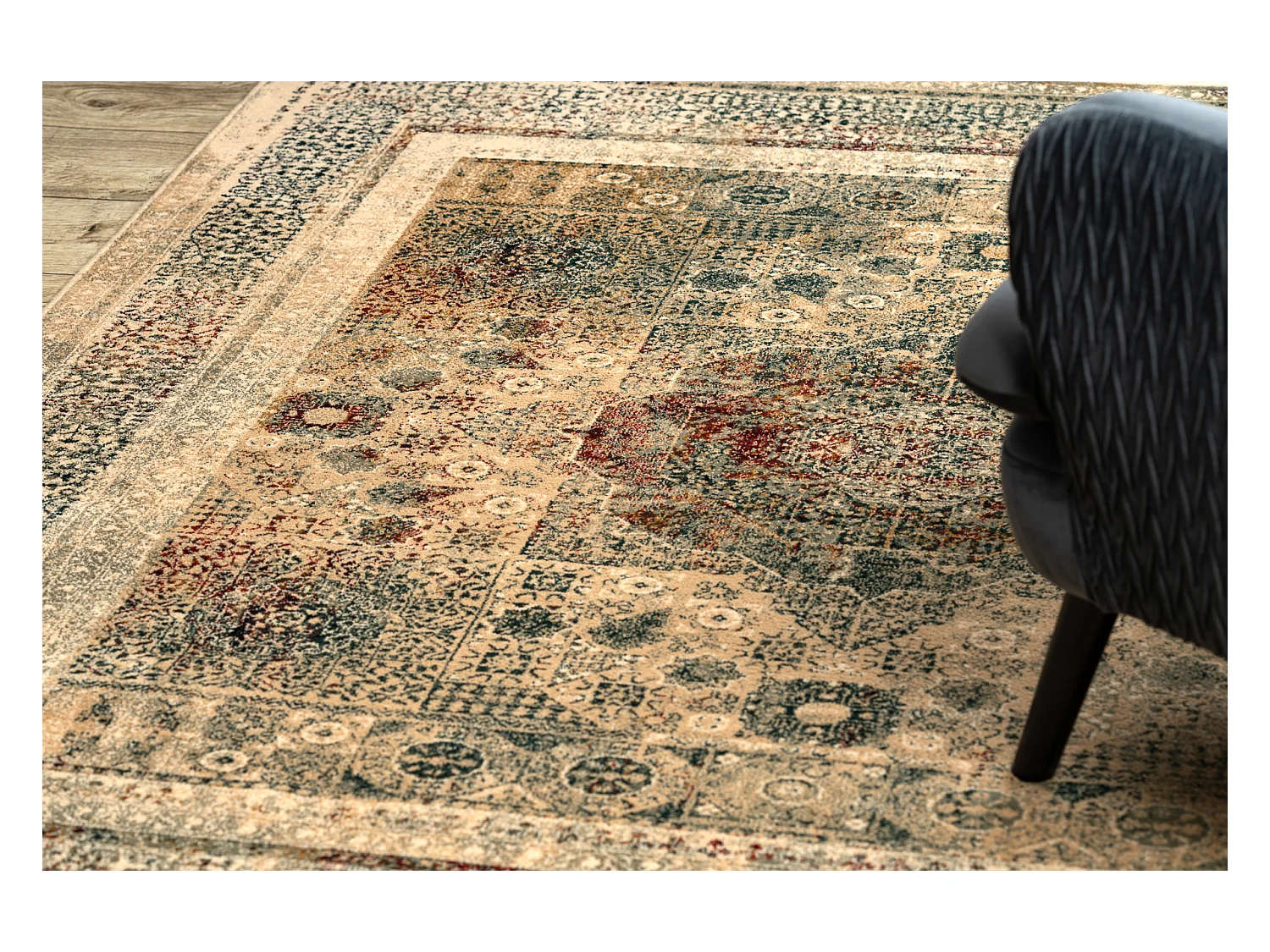 Tapis en laine OMEGA MAMLUK Carré Rosette vintage crème 135x135 cm