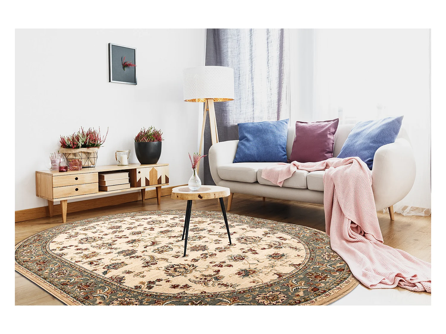 Tapis en laine POLONIA ovale MADRAS fleurs jasmin 2 vert 200x300 cm