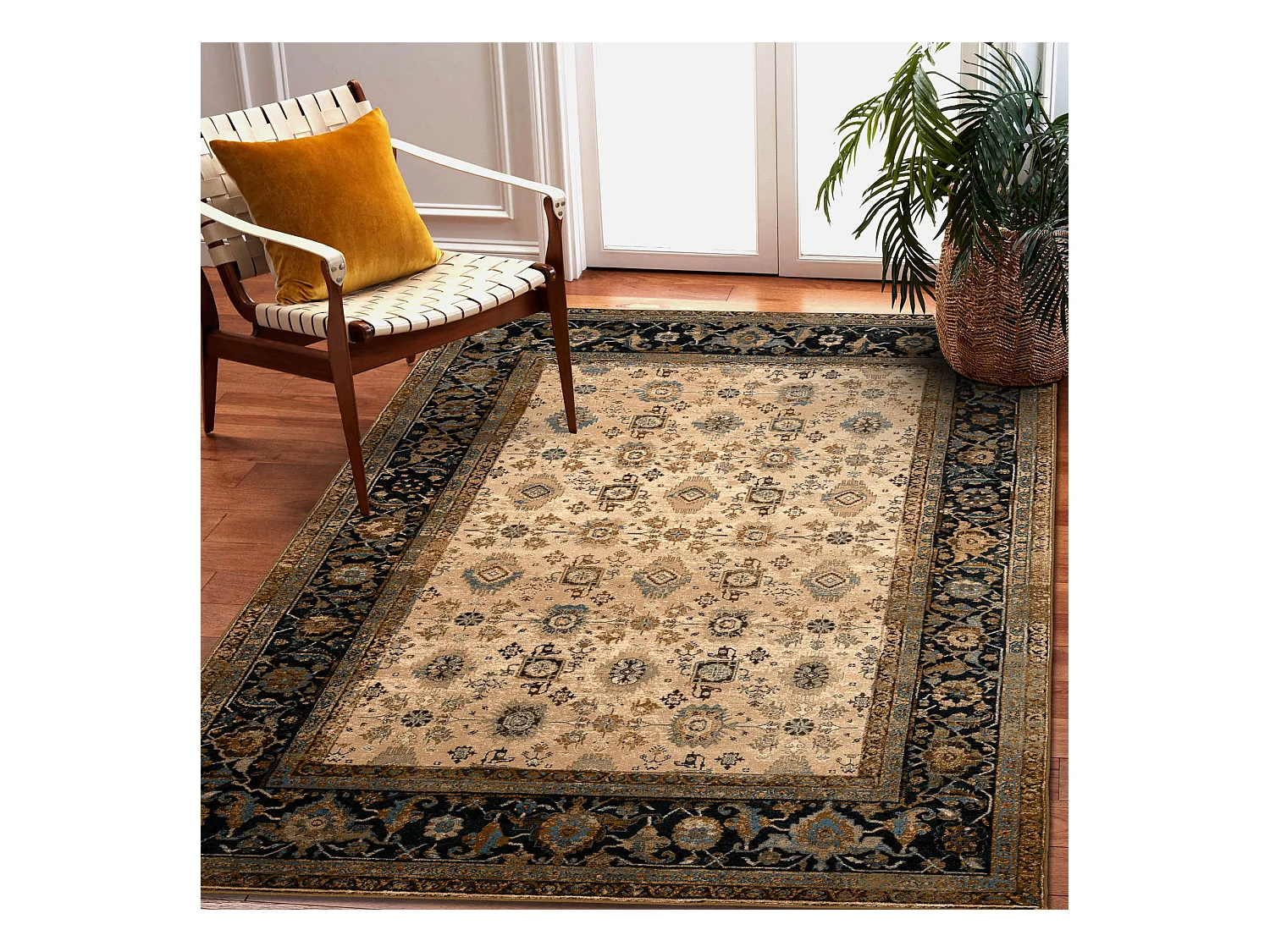 Tapis en laine OMEGA AVILA Ornement cadre cognac marron 200x300 cm