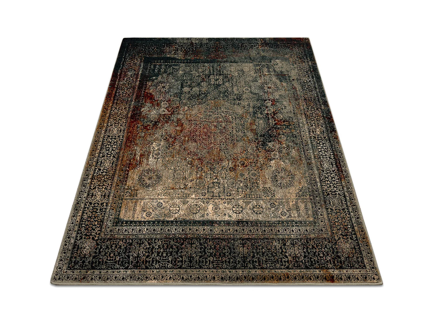 Tapis en laine OMEGA MAMLUK Carré - Rosette vintage émeraude 200x200 cm