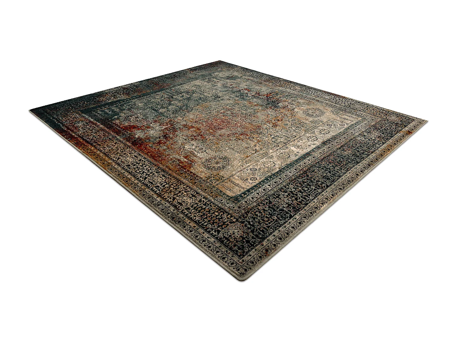 Tapis en laine OMEGA MAMLUK Carré - Rosette vintage émeraude 200x200 cm