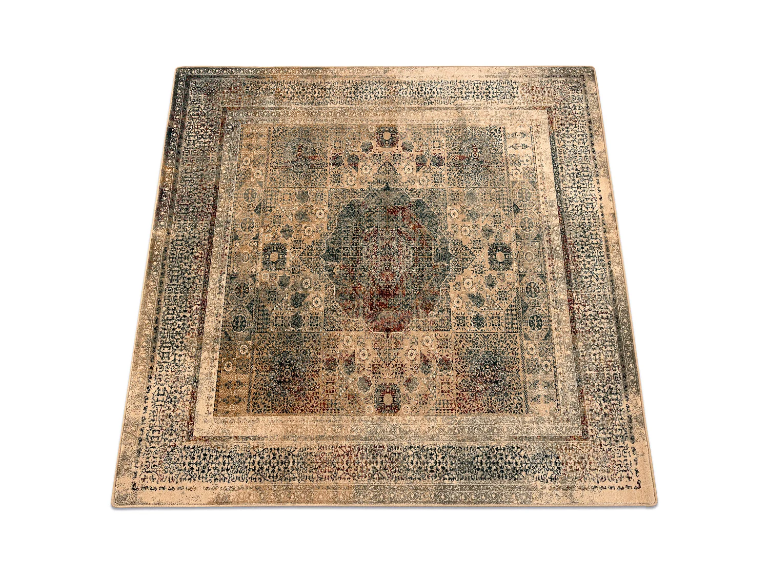 Tapis en laine OMEGA MAMLUK Carré Rosette vintage crème 200x200 cm