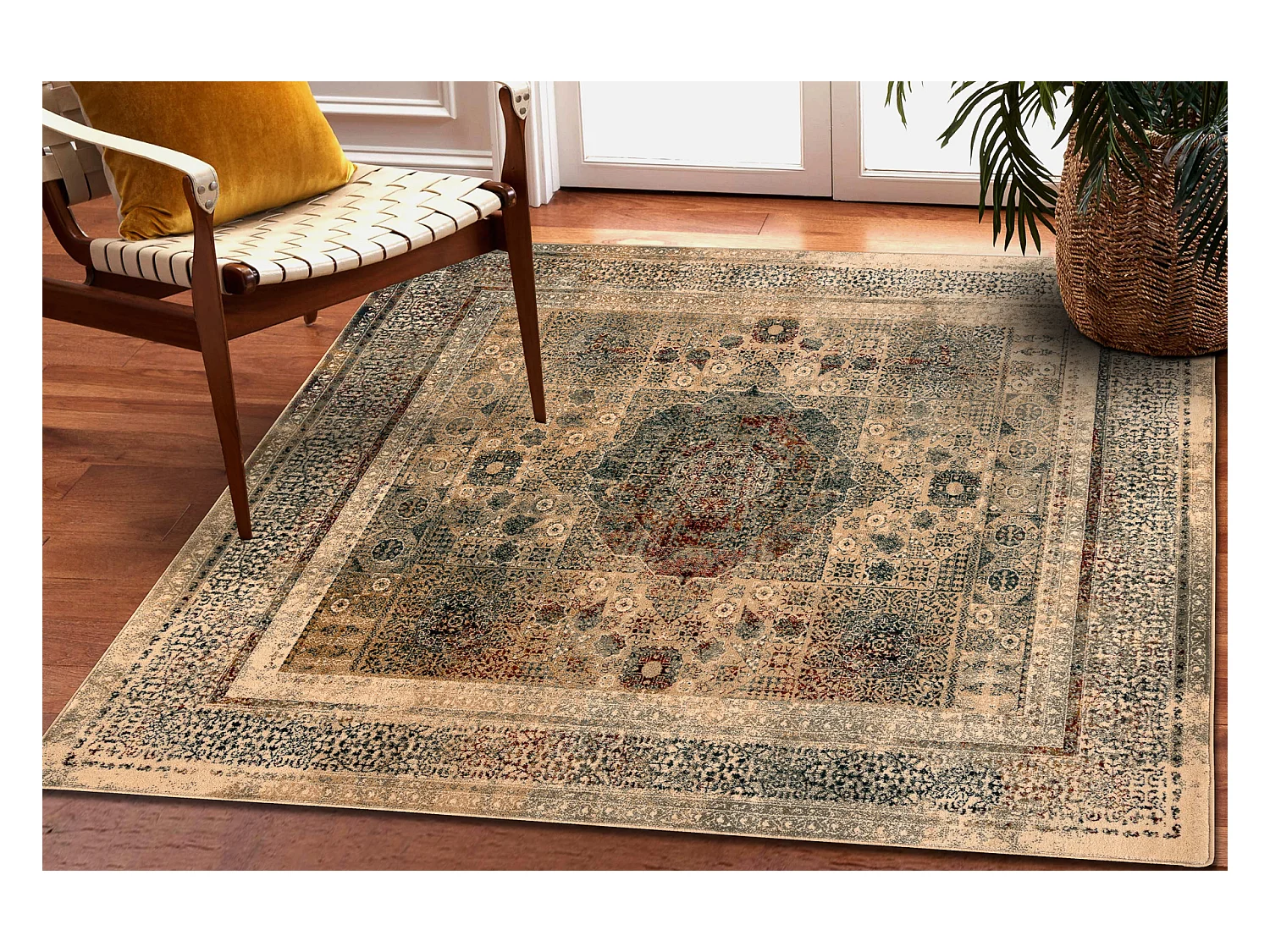 Tapis en laine OMEGA MAMLUK Carré Rosette vintage crème 200x200 cm
