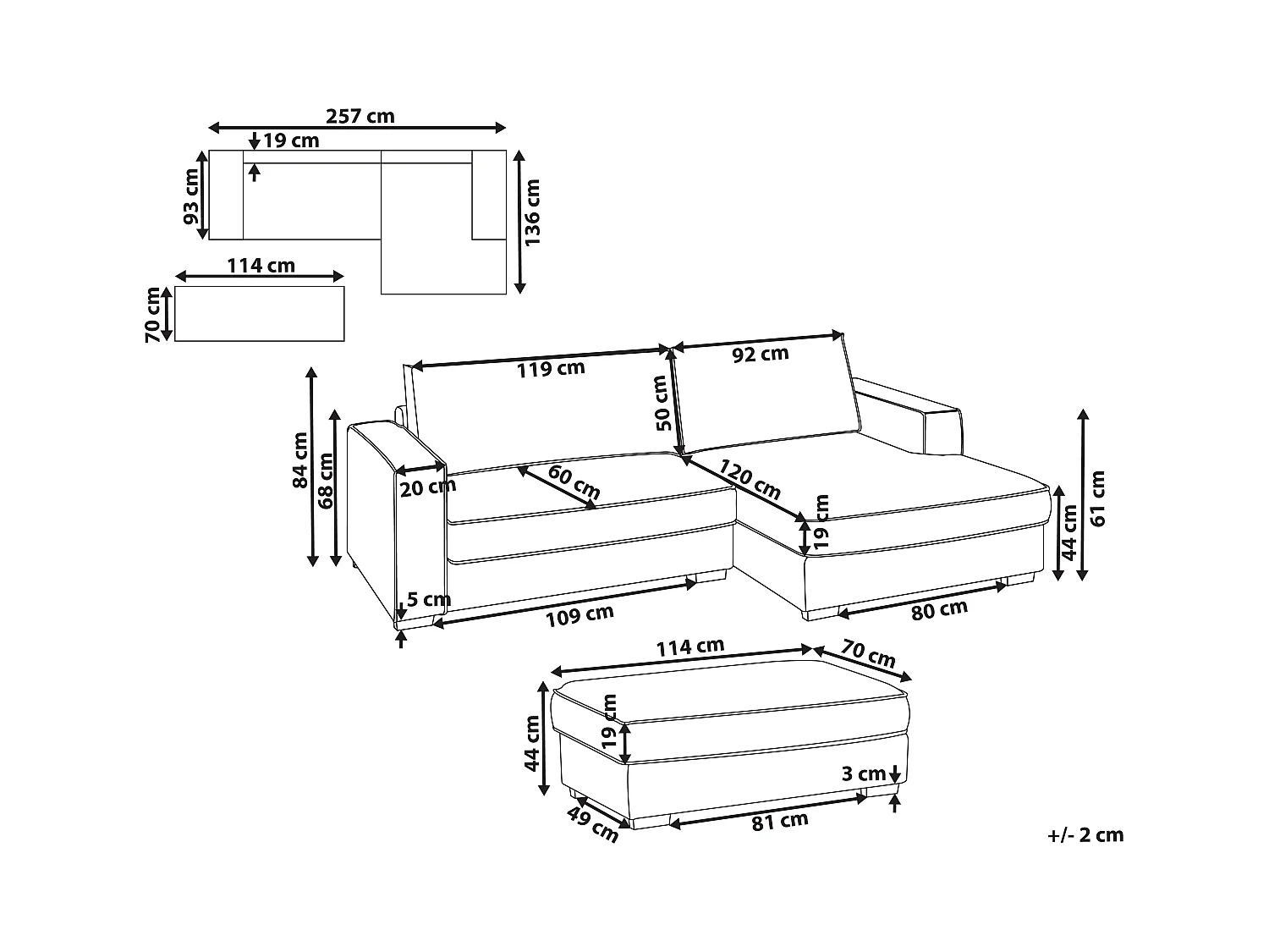 Canapé d'Angle à droite avec Pouf Moderne en Bouclé Repose-pieds Ottoman Dossier Rembourré avec Coussins Blanc Cassé Renders