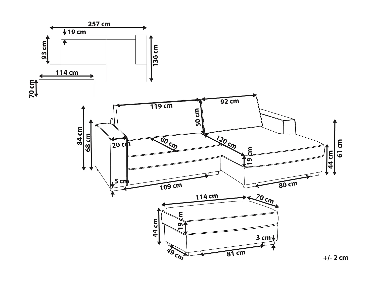 Canapé d'Angle à droite avec Pouf Moderne en Bouclé Repose-pieds Ottoman Dossier Rembourré avec Coussins Blanc Cassé Renders